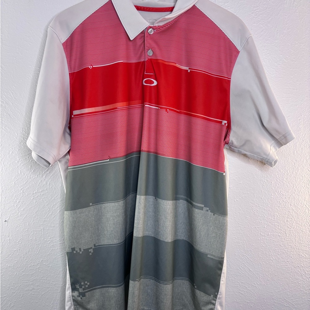 Oakley Men's Polo Shirt in Red and Gray Stripes